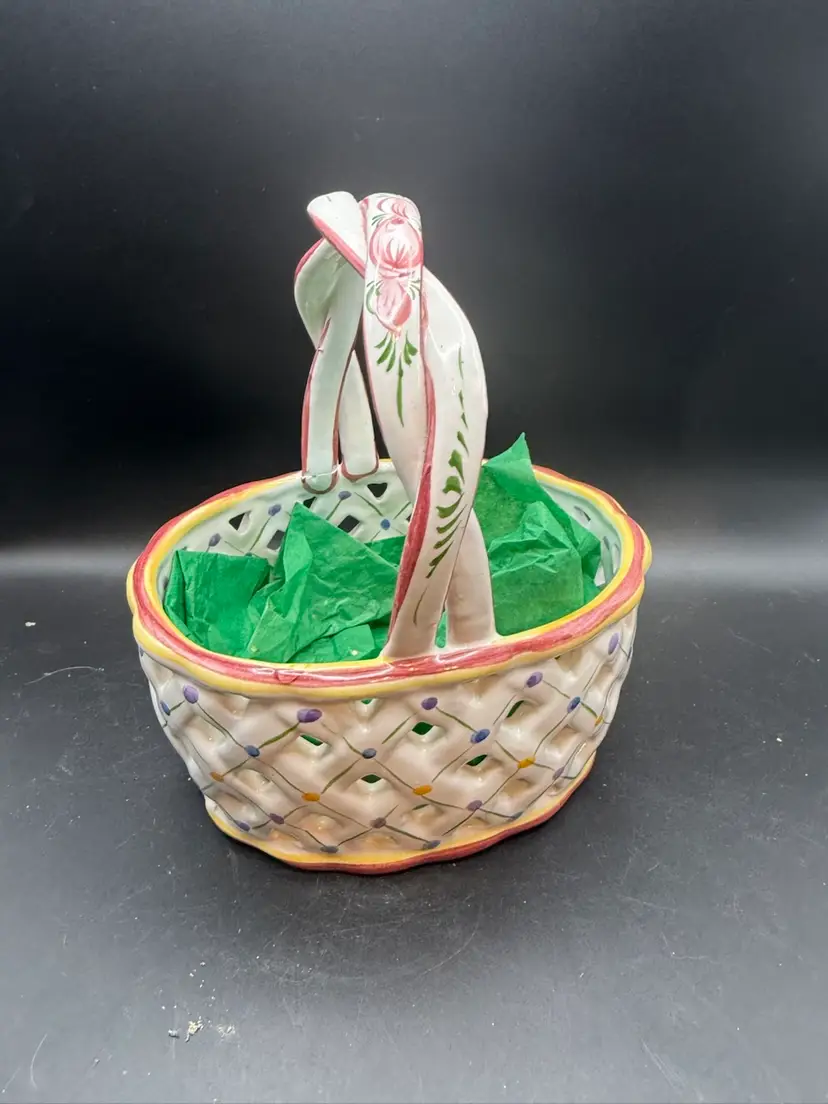 Hand-Painted Portugal Ceramic Reticulated Basket, 406-B, With Braided Handle - As Is