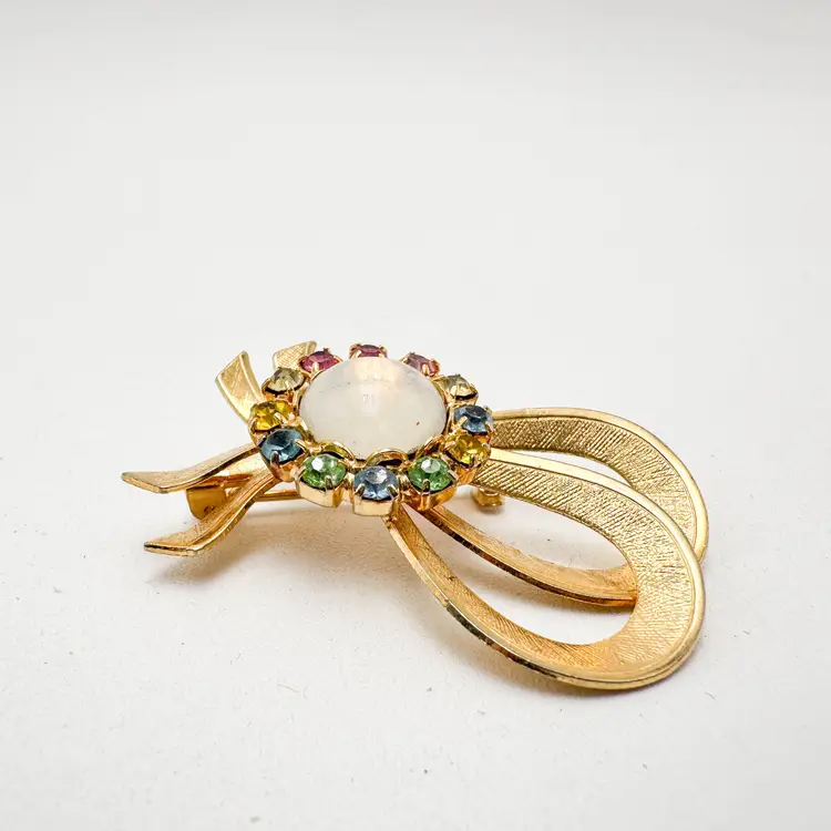 Ribbon Bow Brooch Multicolor Unbranded Gold Tone Vintage 1.75"L 1.25"W