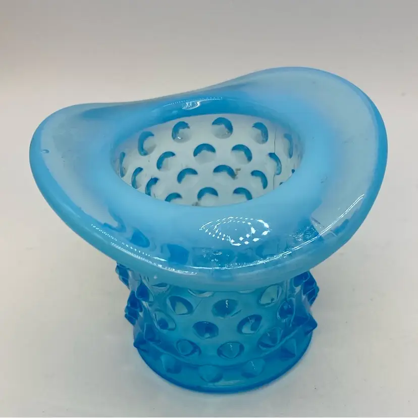 #0233 Vintage Fenton blue opalescent hobnail glass top hat toothpick holder.3”