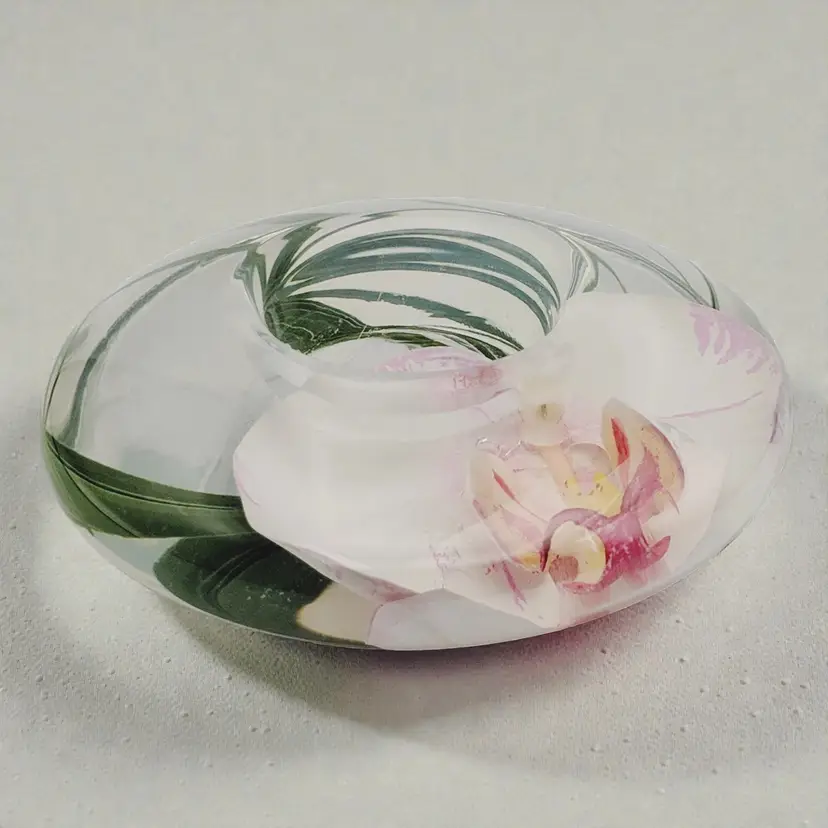 Emilio Robba Paris White Pink Orchid Glass Resin Tealight Votive Candle Holder