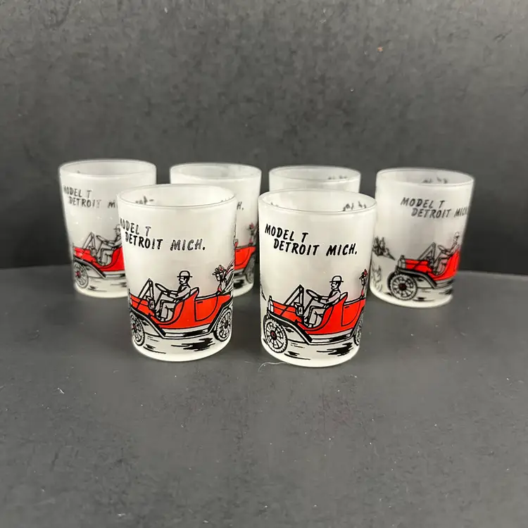 Set of 6 Vintage Hazel Atlas Model T Frosted 4 oz Shot Glasses