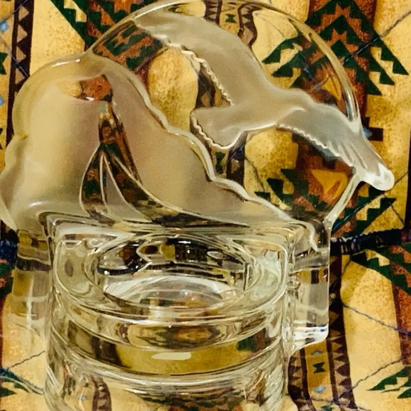 Beautiful Vintage Frosted Clear Glass Flying Sea Birds Candle Holder