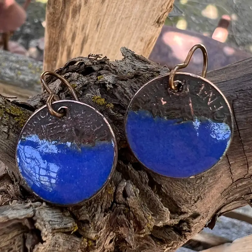 Handmade Cobalt Blue Enameled Penny Organic Copper Earrings