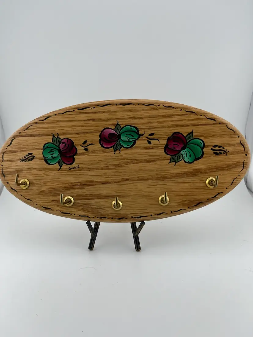 Hand Made Oak Key Rack, w/ handpainted flora design