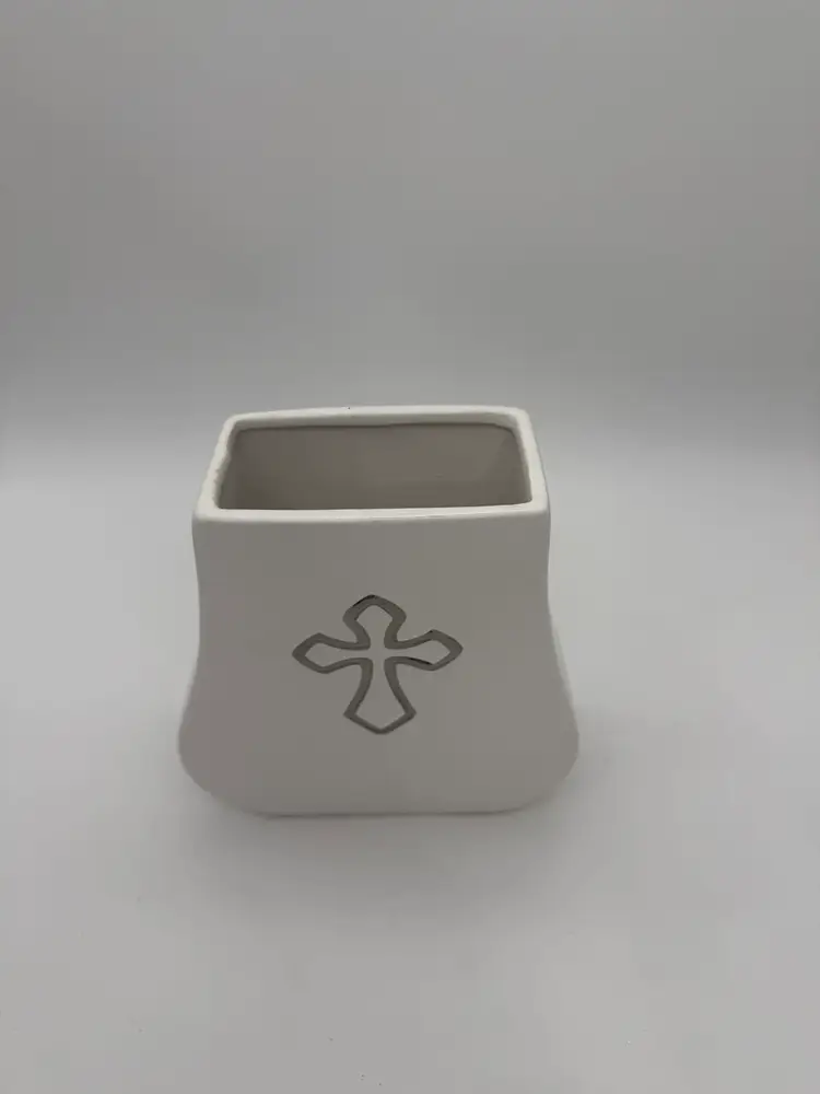 FTD Faithful Blessings Flower Vase White With Silver Cross Medallion Vintage