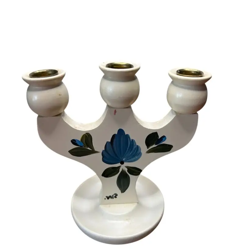 Vintage Floral Signed Painted Made In Sweden 3 Candle Candelabra @4x4