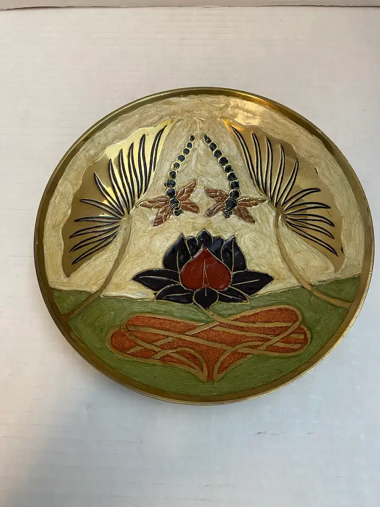 Vintage Brass And Enamel Lotus Dragonfly Plate 7.5”