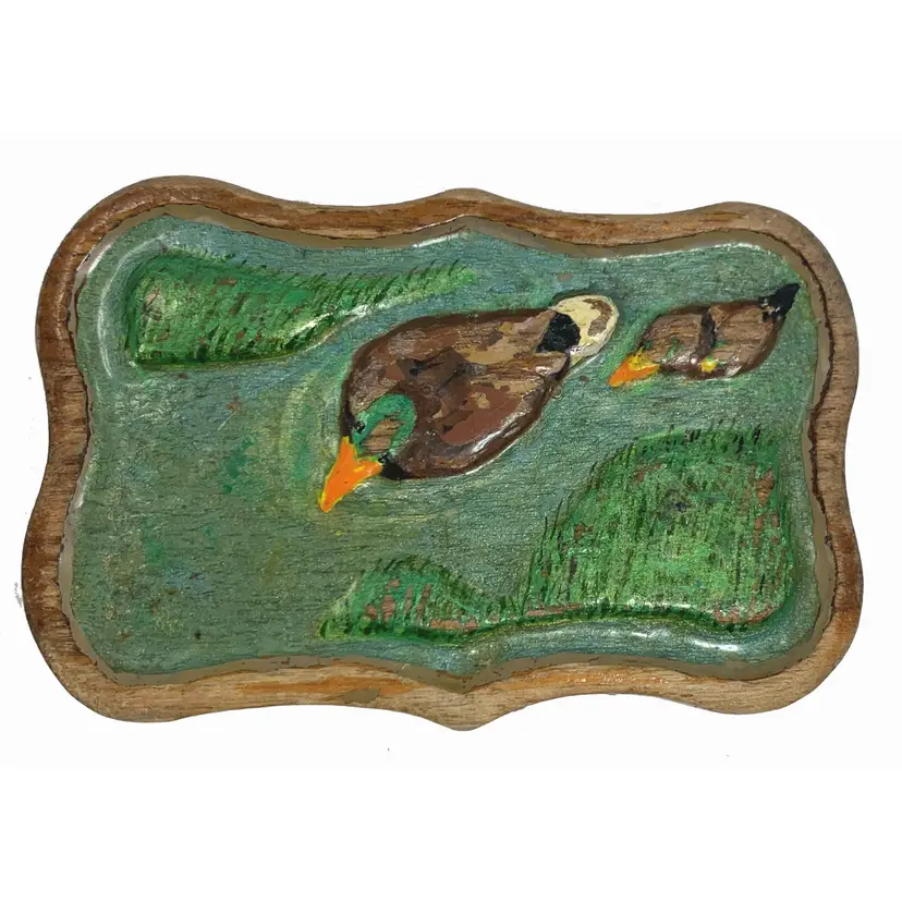 Hand Carved Signed Belt Buckle Ducks Mallard Painted Wood Vintage Birds Rustic