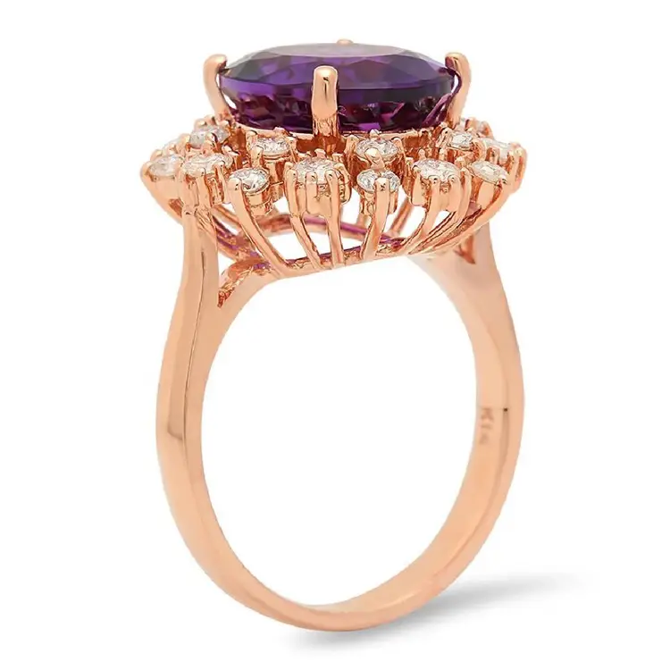 6.00 Carats Natural Amethyst and Diamond 14K Solid Rose Gold Ring