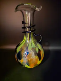 Vintage Italian Style Confetti Blown Glass Vase with Applied Cobalt Swirled Handle