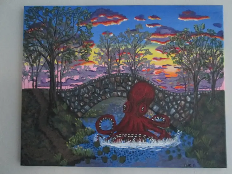 Vintage Custom Overpainting Octopus in Central Park 16" x 20"