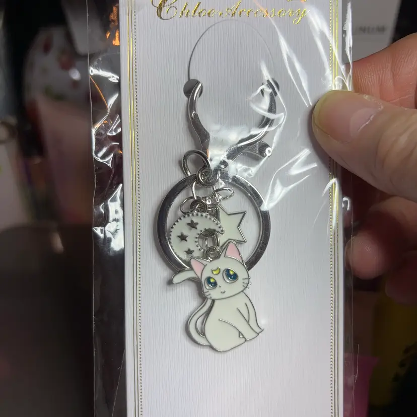 Silvertone Cute Little White Kitten, Moon, And Star Pendants