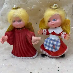 Pair Of Vintage Christmas Derpy Angel Flocked Ornaments