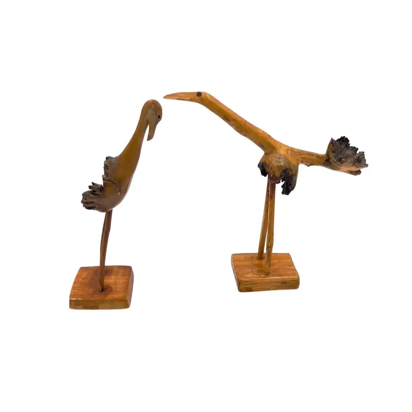 Pair Bird  Figurines Hand Carved Burl Wood Ostrich