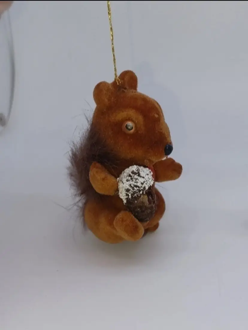 Vintage Wagner Handwork Flocked Brown Squirrel Ornament Germany with pinecone