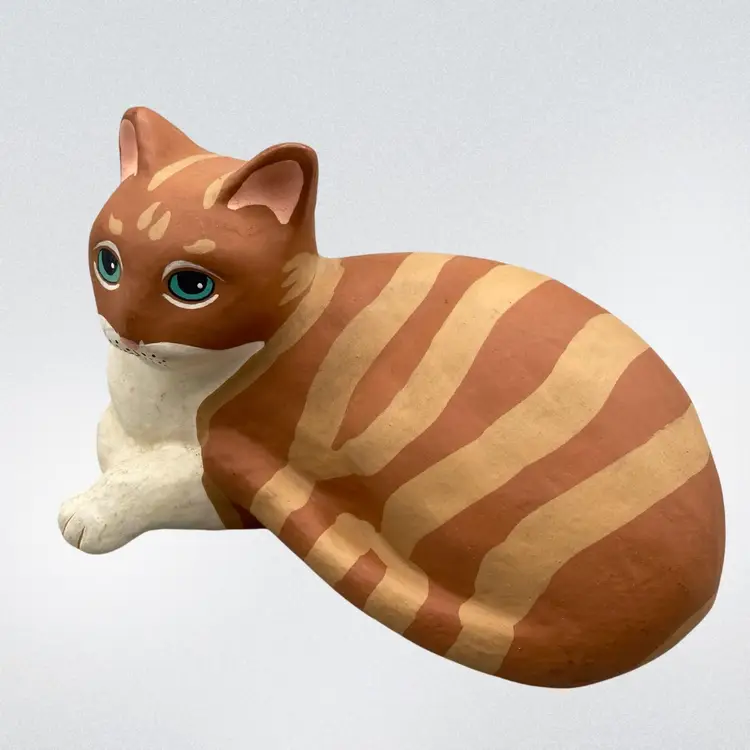 Cat Figurine Painted Terracotta Stripes Blue Eyes Grannycore Colorful