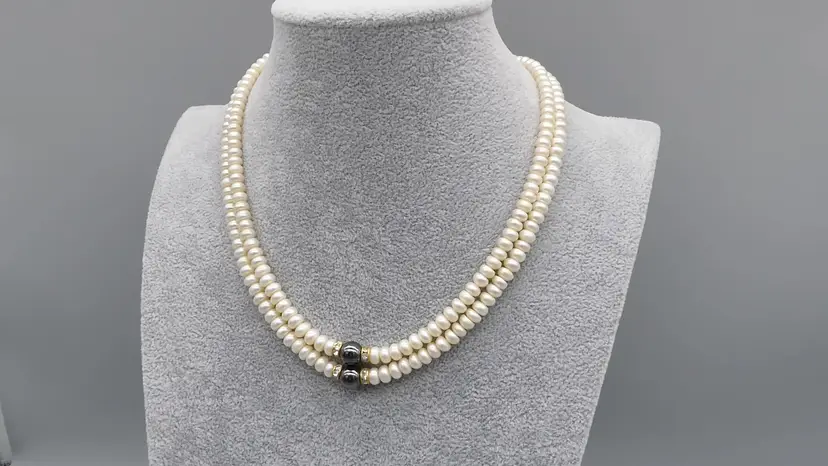 Vintage Cultured Pearl Hematite Double Strand Choker Necklace 14k Gold Filled Clasp 16"