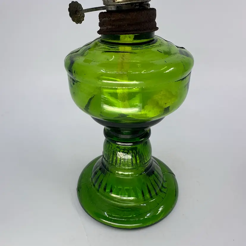 Vintage Green Glass Hurricane Oil Lamp