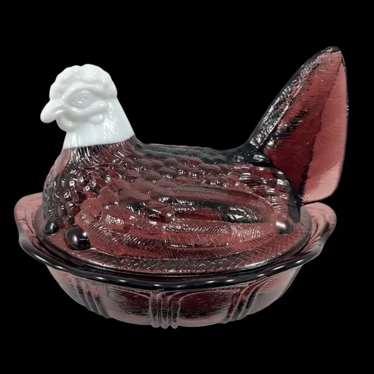 Fenton Amethyst Glass Hen On Nest With Milk Glass Head And Split Tail, Vintage Fenton Glass Hen On Nest Candy Dish