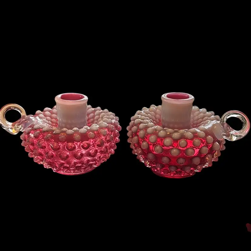 Fenton Opalescent Cranberry Hobnail Candle Holders