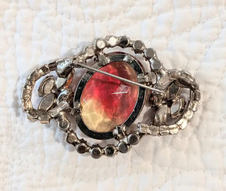 Vintage Brooch with Cognac and Raspberry Tinged Faceted Glass Cabochon and Aurora Borealis Rhinestones