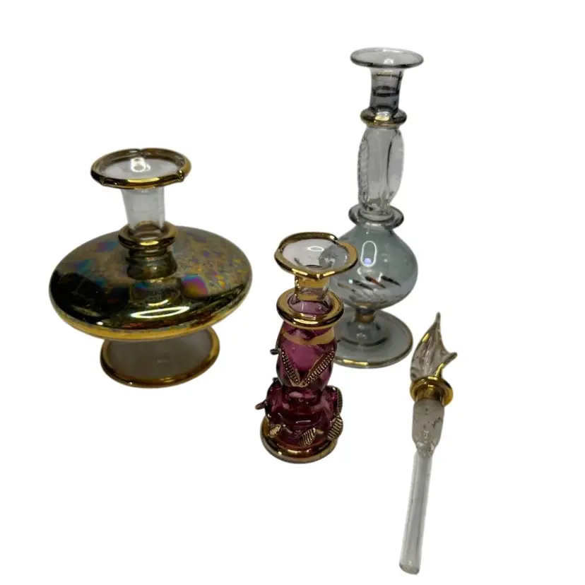 3 Egyptian Perfume Bottles And One Stopper, No Matching Stoppers For Bottles 4 1/2, 3 1/2 And 3” Tall 4 1/2” Stopper