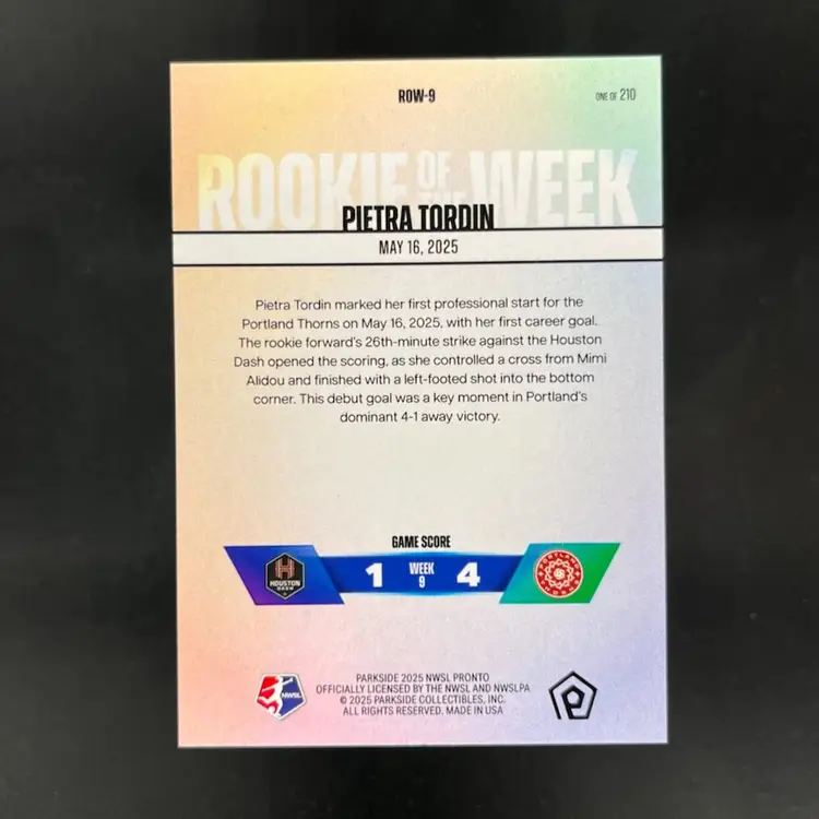 Pietra Tordin 2025 NWSL Parkside Pronto Rookie Of The Week Subscriber Exclusive /210 Soccer Card #ROW9