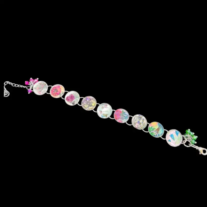 Art By Me- Four Miniature 1/2”original Watercolor & Ink Pictures Set In A Silver Tone 9 Panel Charm Bracelet,Includes Dried Flowers- All Panels Are Set With Resin
