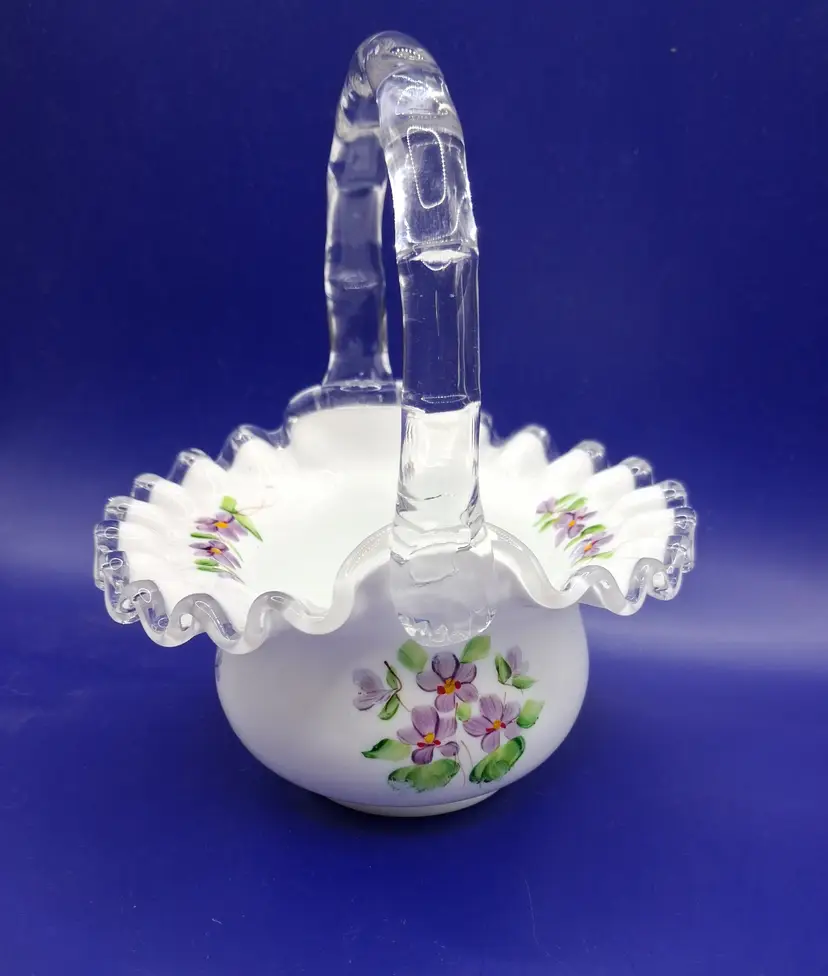 Fenton Vintage "Violets in the Snow" Silvercrest Milk Glass Basket