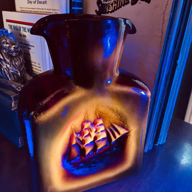 Glowy! Kanawa Red Glass Double Spout Decanter With Clipper Ship