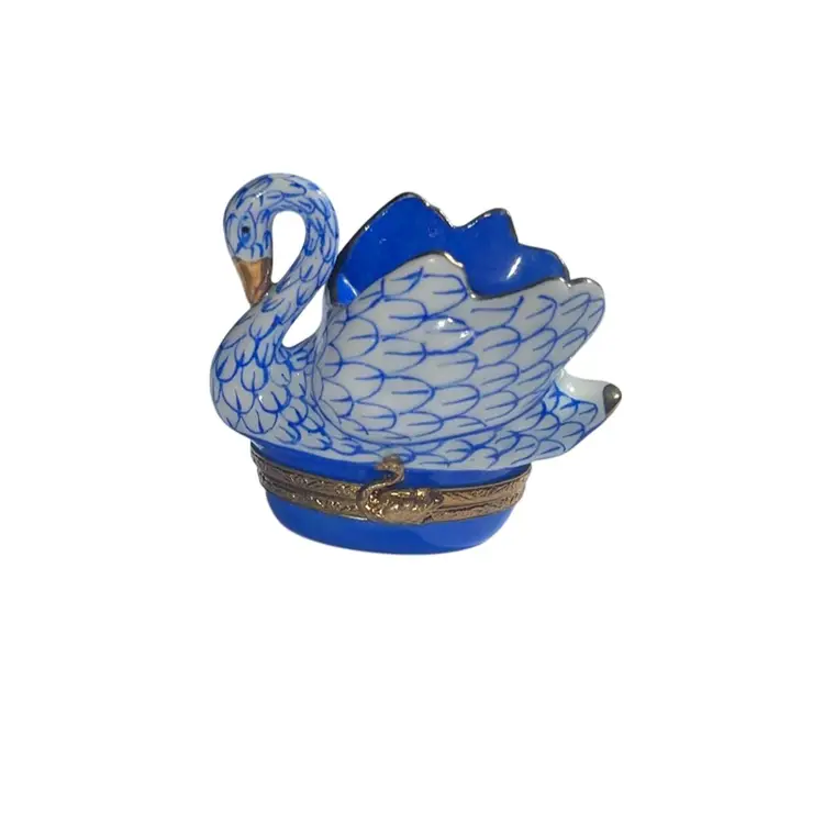 Limoges France Signed And Numbered Herend Style Blue And White Porcelain Swan Hinged Trinket Box HTF