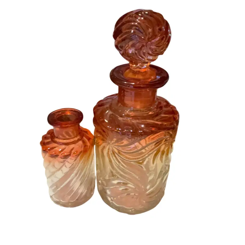 Baccarat 1920s Rose Tiente Pinwheel Perfume Bottle 7” With Original Stopper & Baccarat 1920s Rose Tiente Swirl No Stopper 3.75”