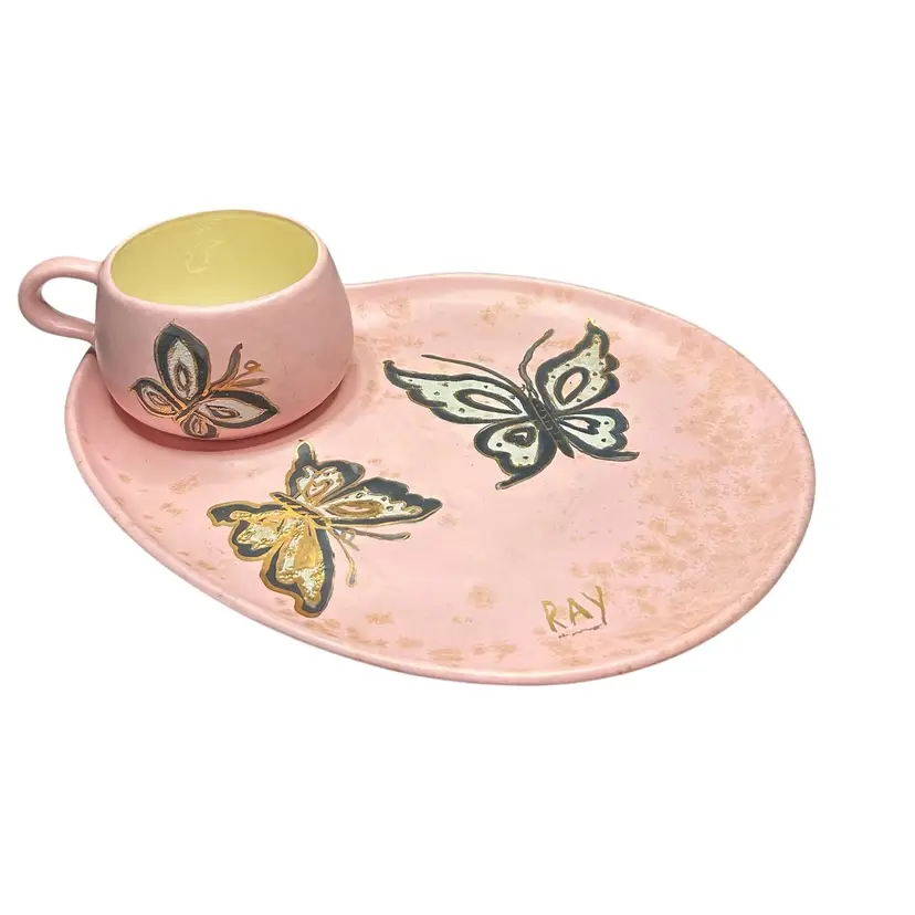 Hand painted Signed Pink Butterfly Luncheon Plate With Cup 11x9 Plate
 3 1/2x 2 Cup Slight Wear On Butterfly