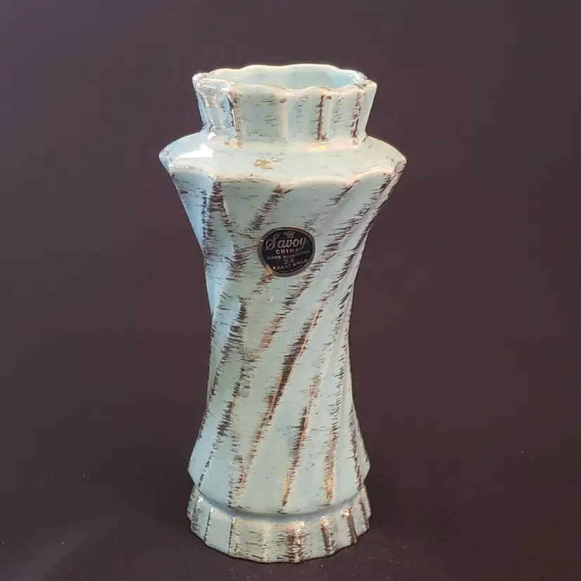 Savoy China Ceramic Vase Hand Decorated Gold and Blue Glaze MCM made USA Original Sticker Vintage