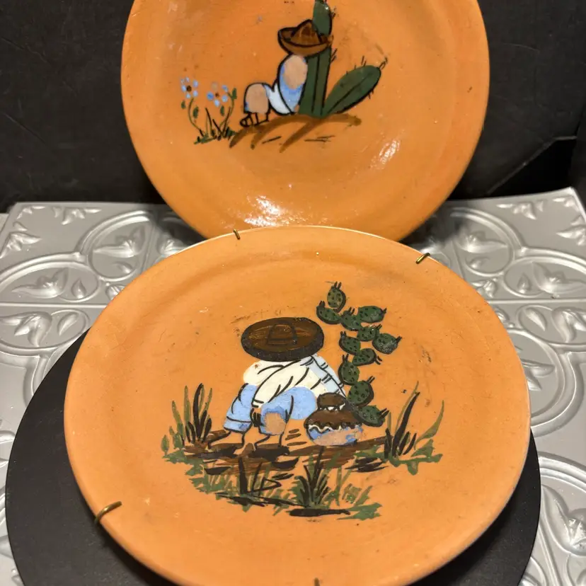Vintage Pair Of Mexico Hand Painted Small Pottery Plates