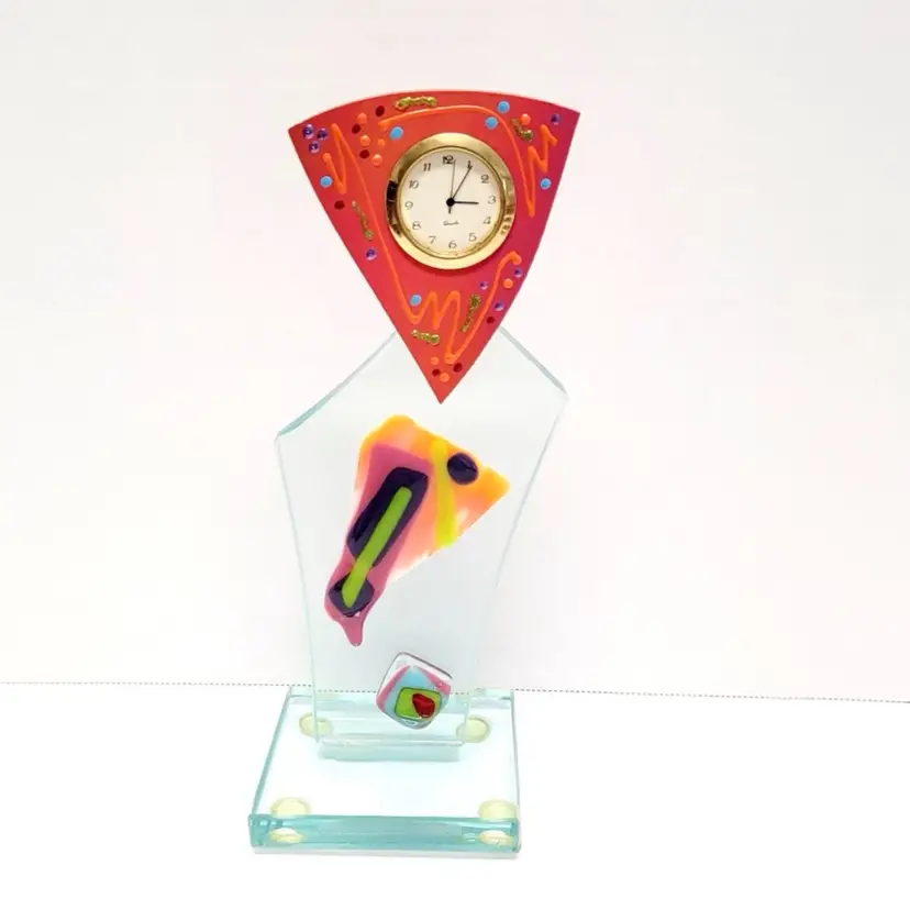 Lucite Fused Glass Clock Art Sculpture/Signed Art/Orange/Green/Blue/Primex Wireless Clock/Art Glass Sculpture/Home Decor/Decorative Clock