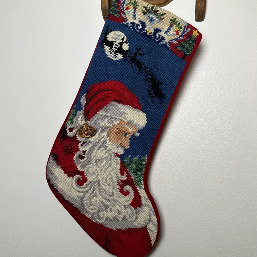 Vintage Christmas Santa Stocking Needlepoint By Hand