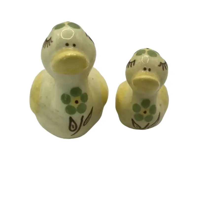 Vintage MAMMA  and BABY yellow ducks mini figurines ceramic 3x3 and 2x2