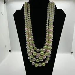New Jackie Kennedy 5 Strand Pink Green Graduated Faux Pearl Necklace Certificate