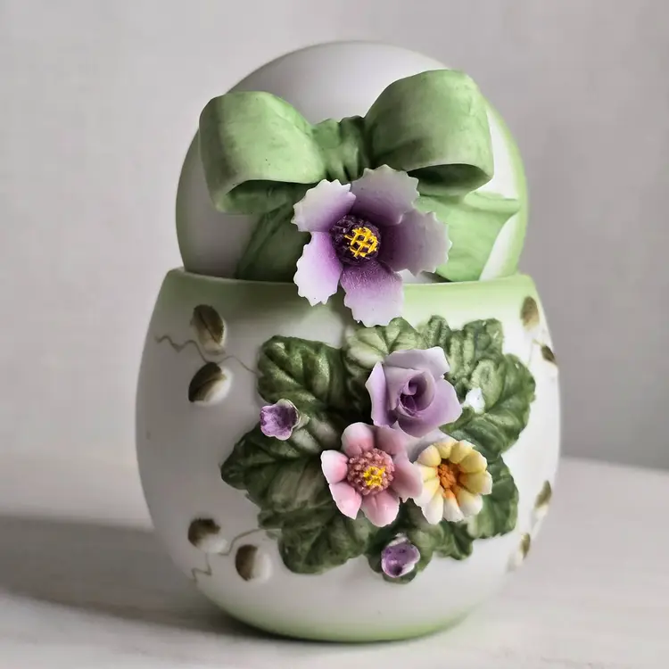 Lefton Trinket Porcelain Floral Egg and Porcelain Rose Stud Earrings