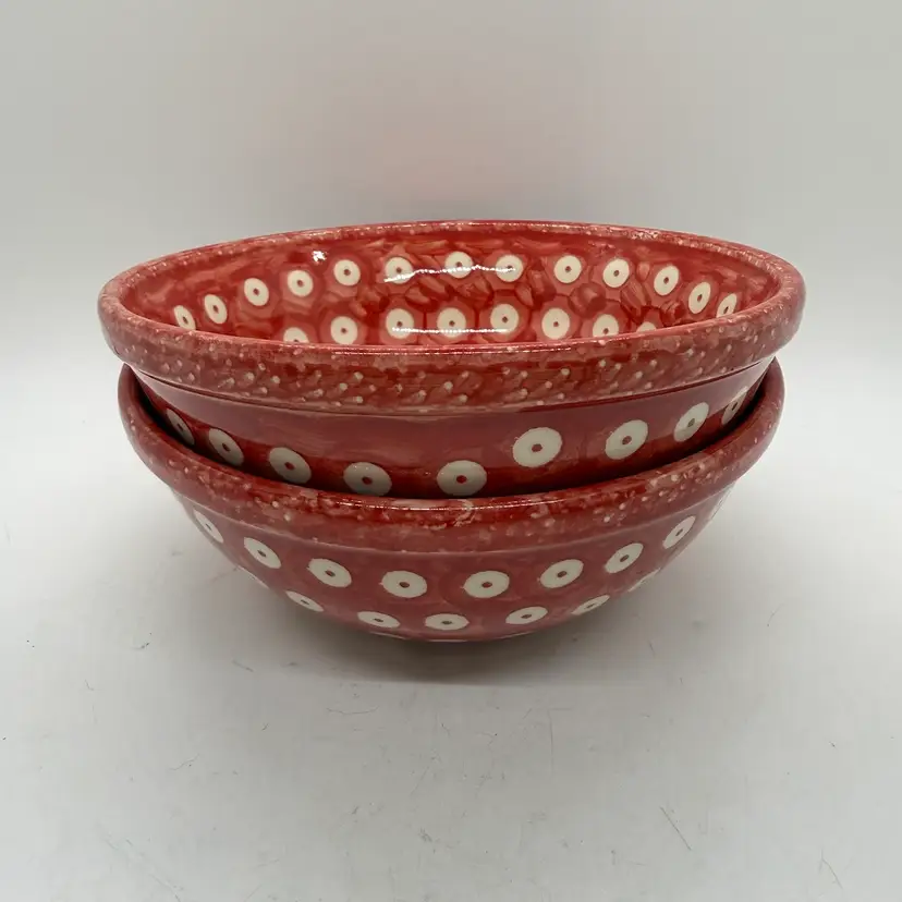 Set Of 2 Polish Pottery Manufaktura Red Tradition Dot Soup Cereal Bowls 6.5”