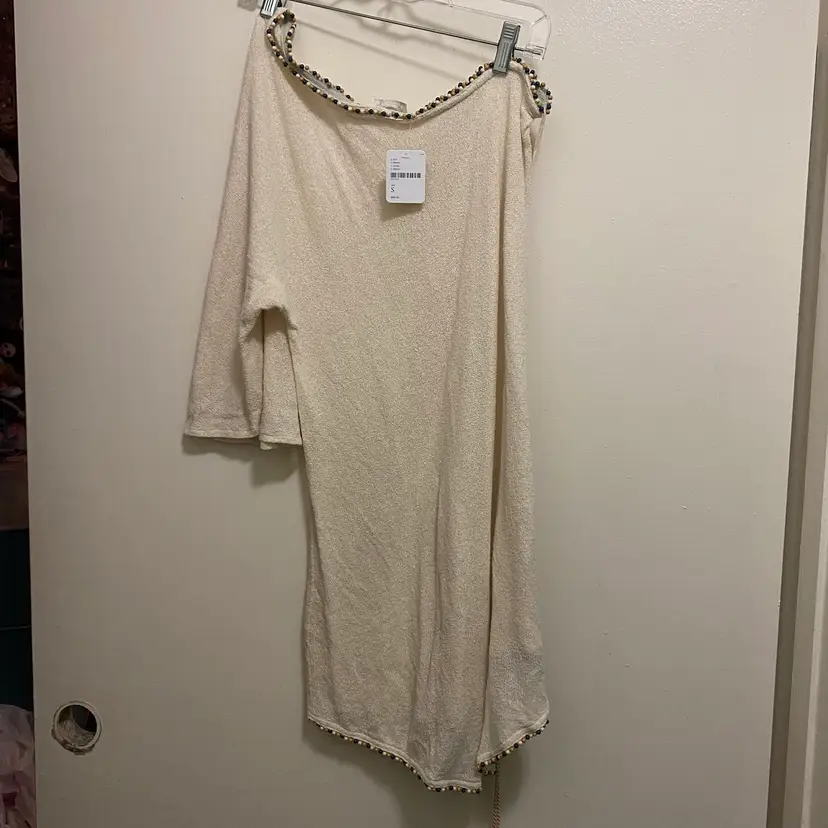 Intimately Free People Womens One Sleeve Mini Dress Ivory Gauze S Beaded Edges