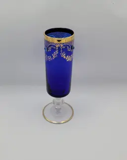 Vintage Czech Bohemian Cobalt Blue Jeweled Cordial glass with Gold Trim