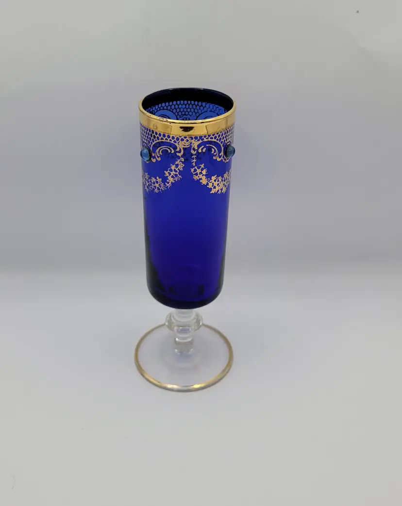 Vintage Czech Bohemian Cobalt Blue Jeweled Cordial glass with Gold Trim