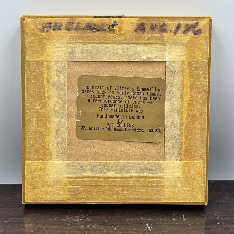 Miniature Enamel Cottage Picture In Wood Frame 4.25”