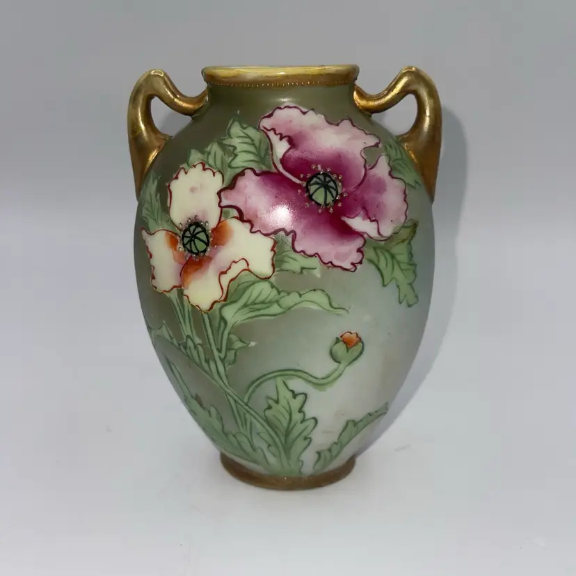 Nippon Japan Floral Hand Painted Handled Vase 6"