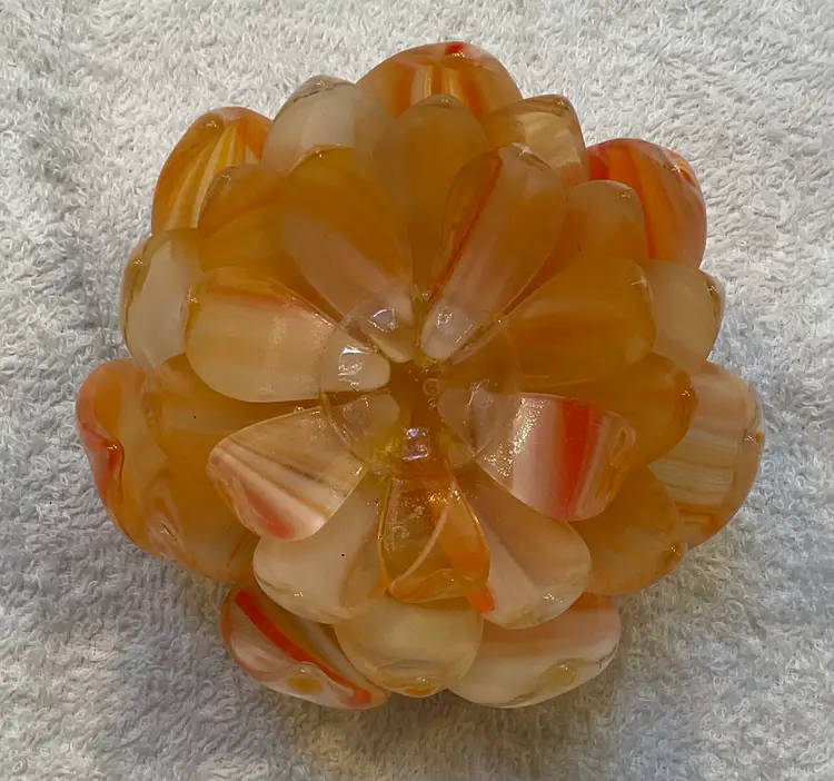 #01 Stained glass votive candle holder, 4 1/4” across top and 3” tall, orange and white petals