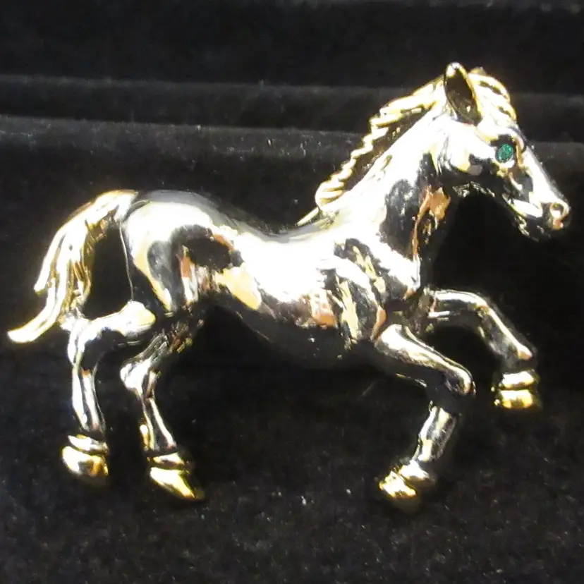 Vintage PM Paris Gold and Silver Two Tone w/ Green Rhinestone Eye Horse Brooch Pin - 2 Inches