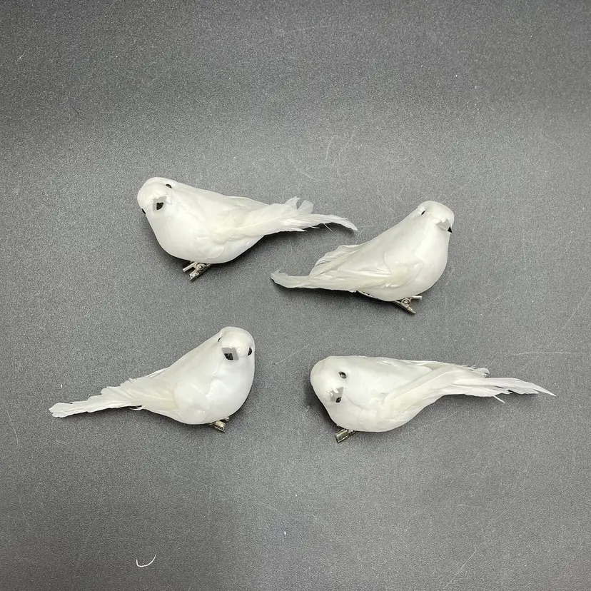 White Feathered Clip On Bird Ornaments Vintage Christmas Set of 4 MCM