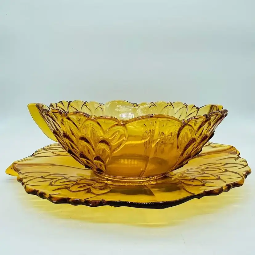 #1110 Amber Glass Vintage Bowl and Matching Plate Stolzle Czech Art Deco